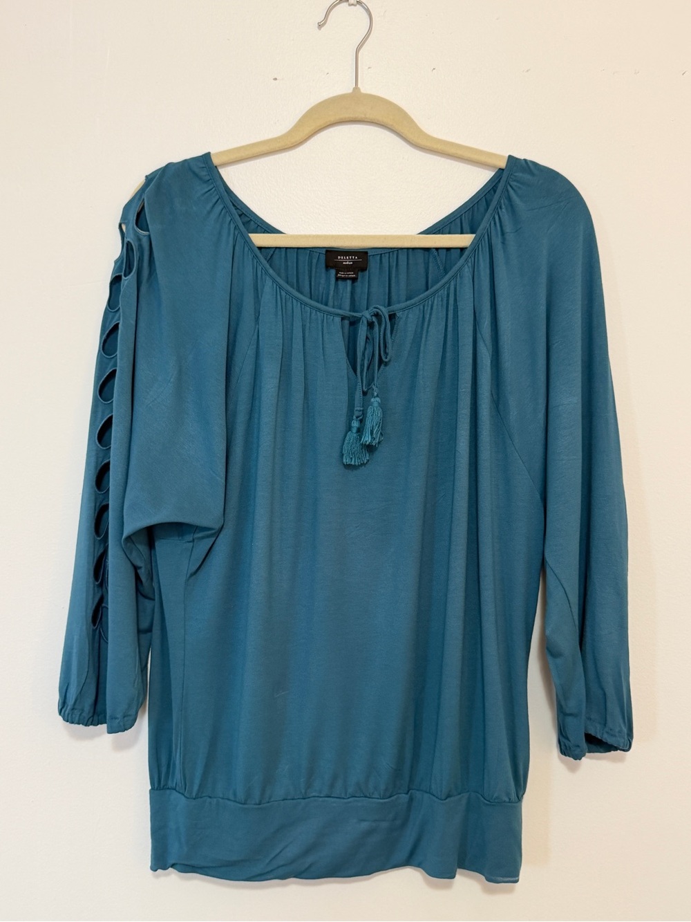 Anthropologie Deletta Teal Tassel Tie Peasant Top with Teardrop Cutout Sleeves